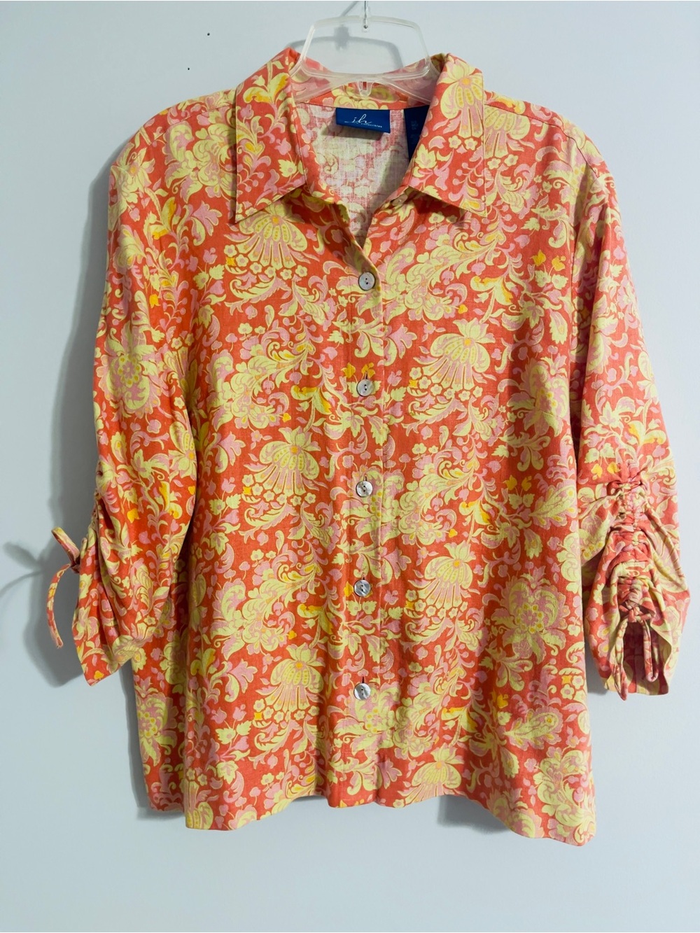Vintage Linen Brocade Floral Shirt L Button Up Smocked Sleeve Boho Artsy Retro